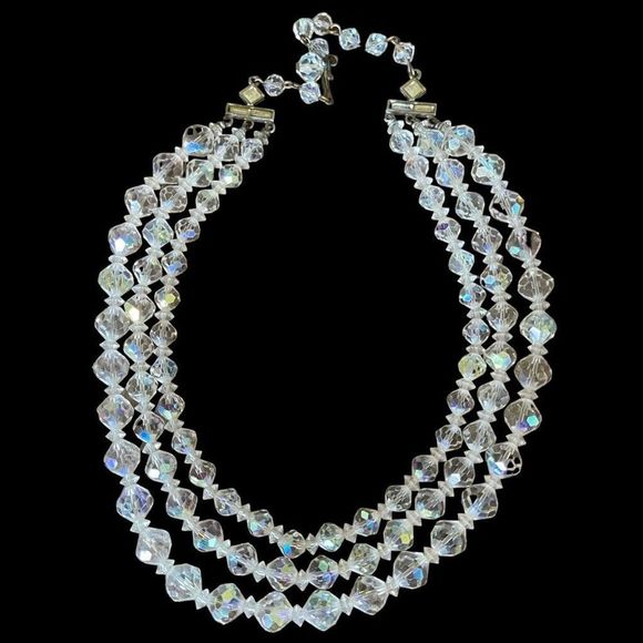 Vintage Triple Strand AB Crystal Beaded Necklace Stunning Art Deco Style Clasp - Picture 2 of 10